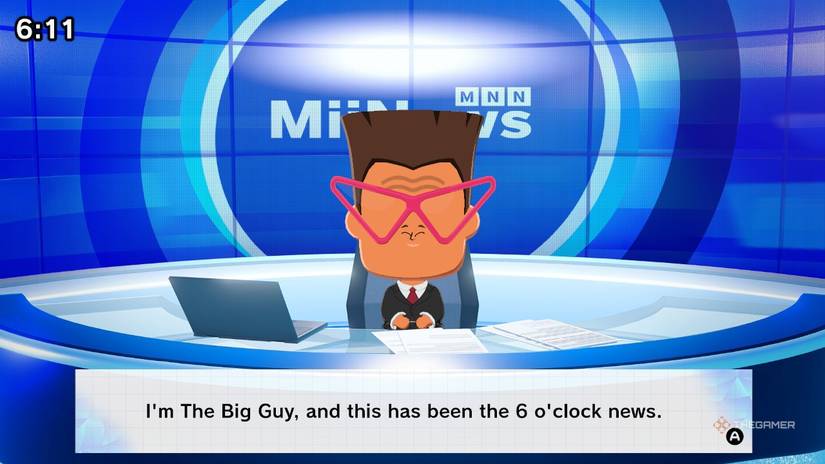 A Mii giving the news in Tomodachi Life Living the Dream.