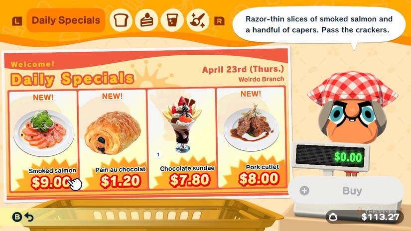 A Mii selling food at Fresh Kingdom in Tomodachi Life Living the Dream.