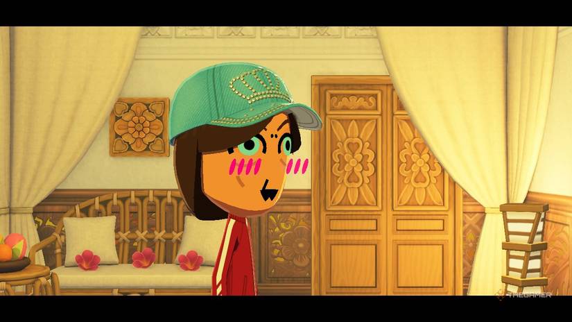 Mii standing in Tomodachi Life Living the Dream's custom Imperial Room set room.