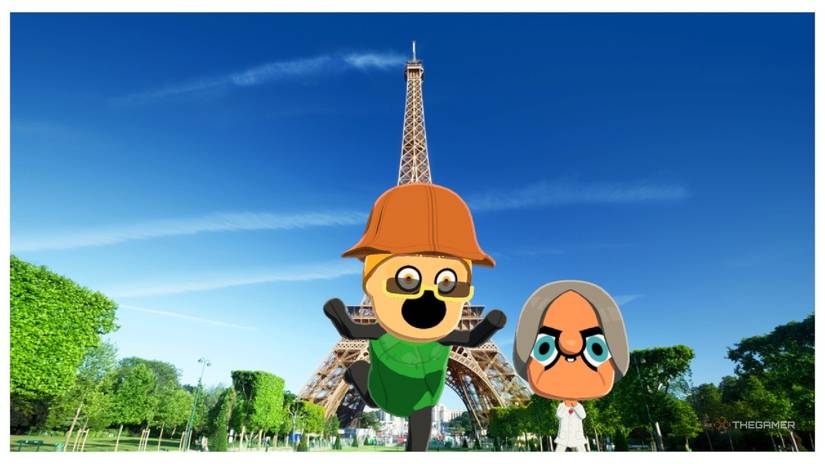 Mii trips in front of the Eiffel Tower on vacation in Tomodachi Life Living the Dream.