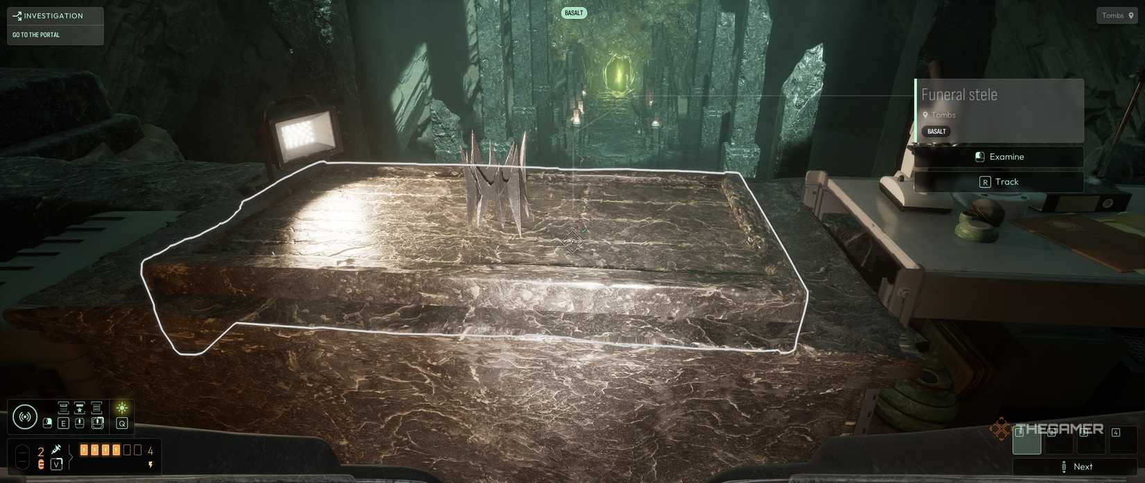 Engraved funerary stele with crown in Cthulhu The Cosmic Abyss.