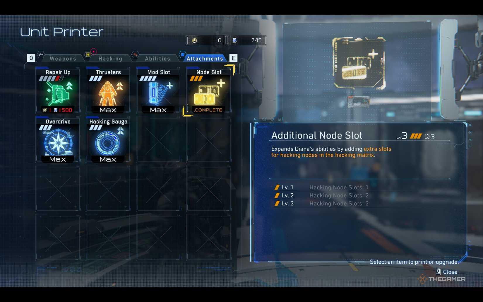 Buying an extra hacking node slot from a unit printer in Pragmata.