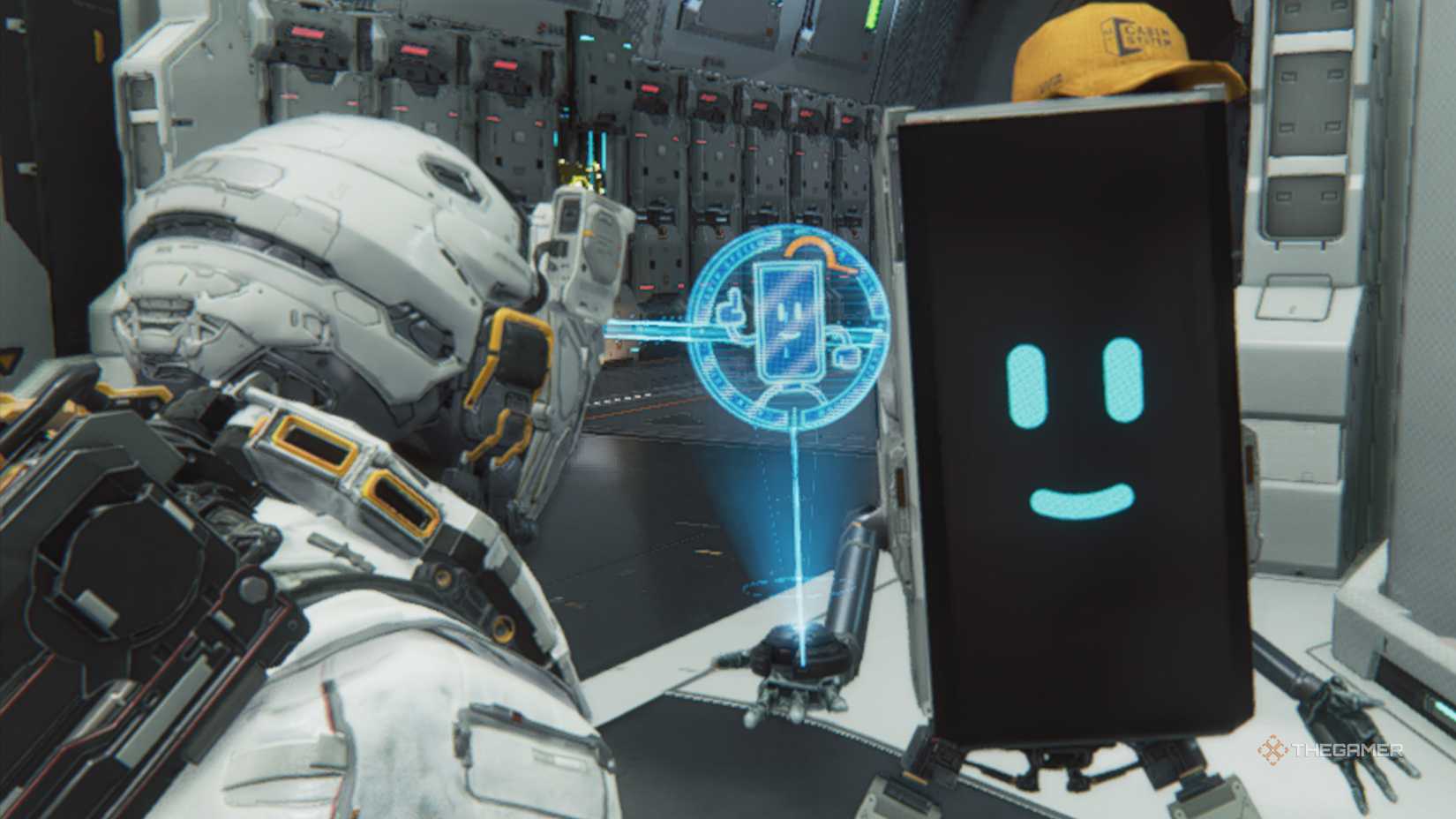 Cabin giving the cabin coin to Hugh at Pragmata.