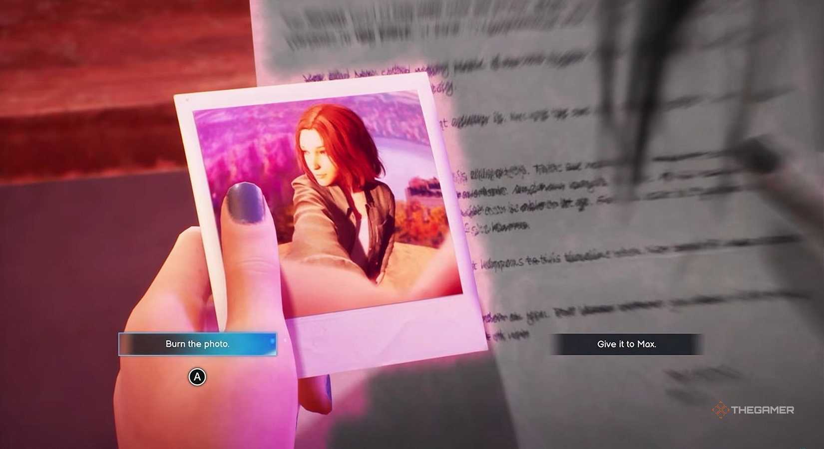 Chloe looks at the Burn the Photo option at the end of Life is Strange Reunion,