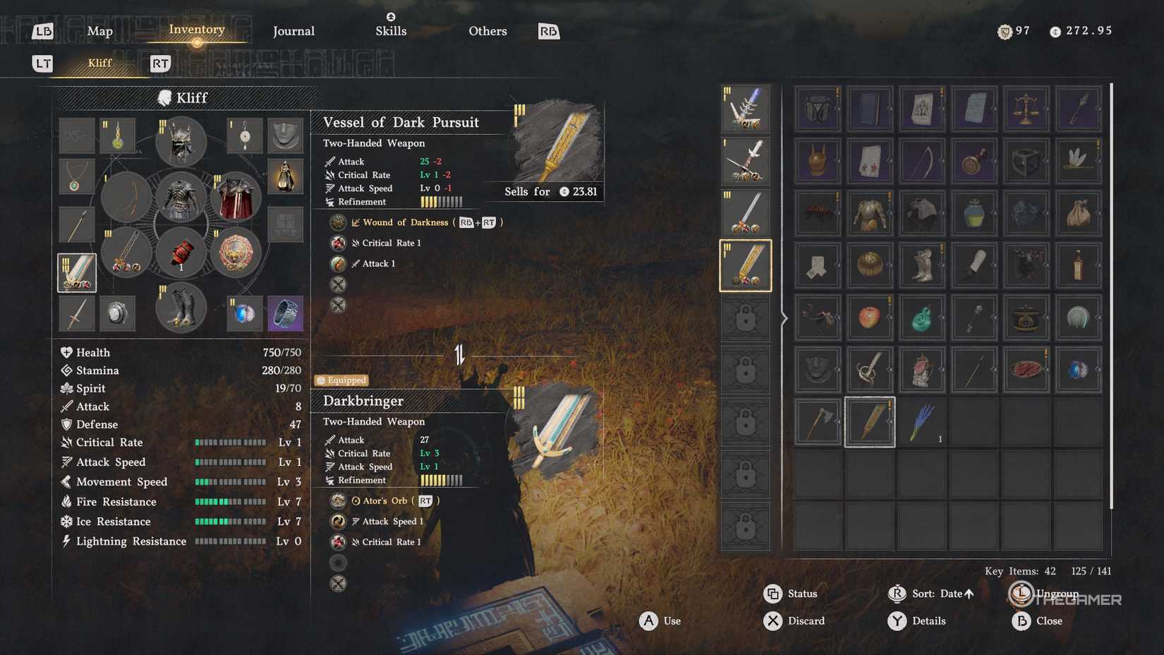 A dark-seeking vessel in Cliff's inventory in the Crimson Desert.