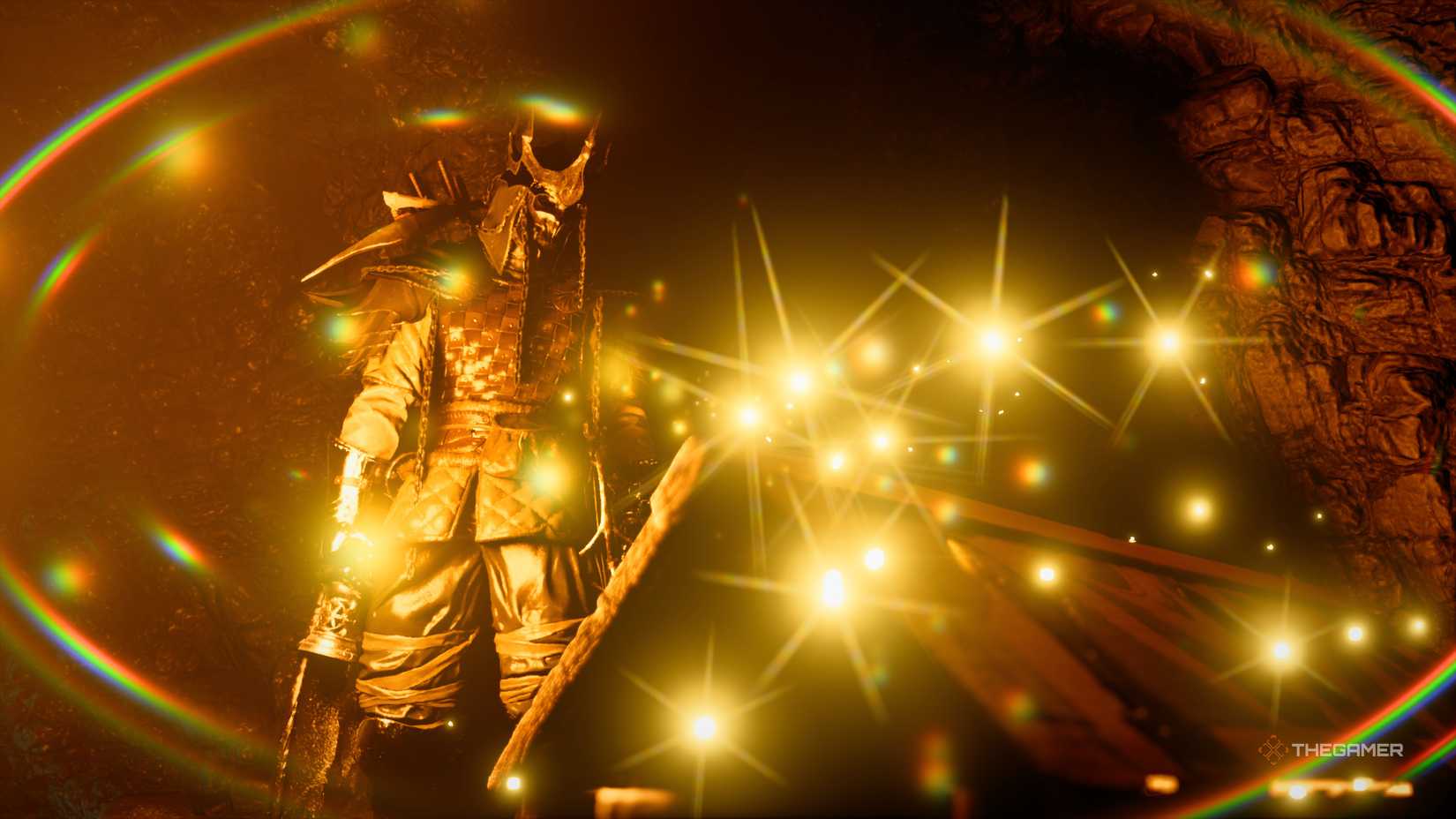 Cliff looking at a glowing chest in the crimson desert.