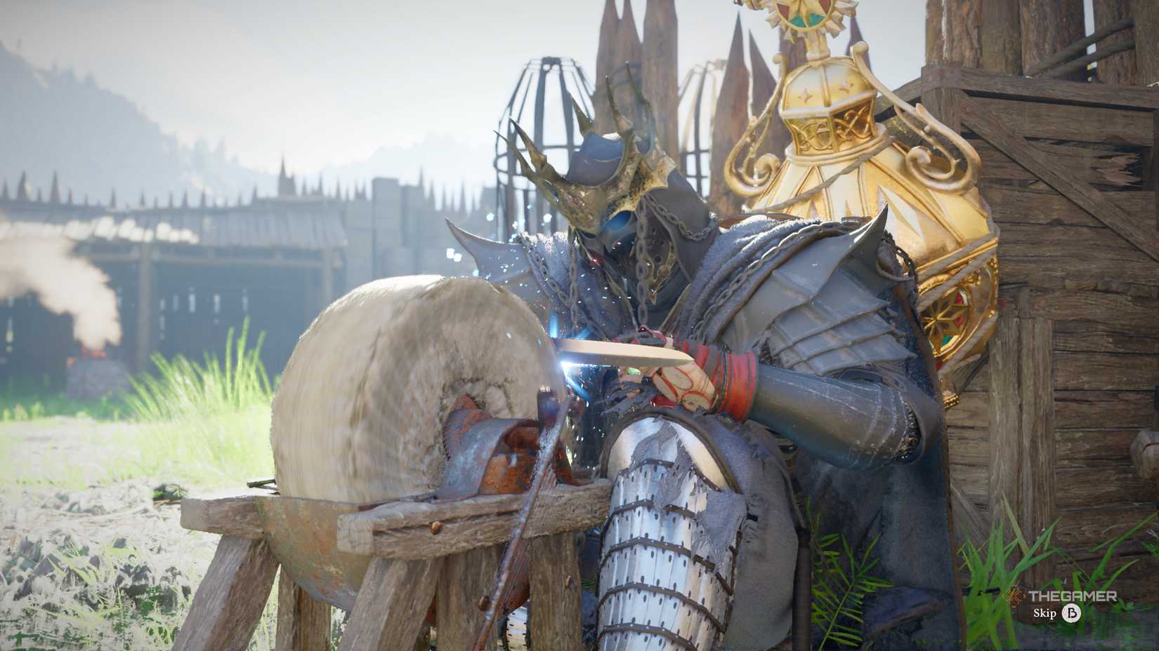 Cliff uses a grindstone in Crimson Desert.