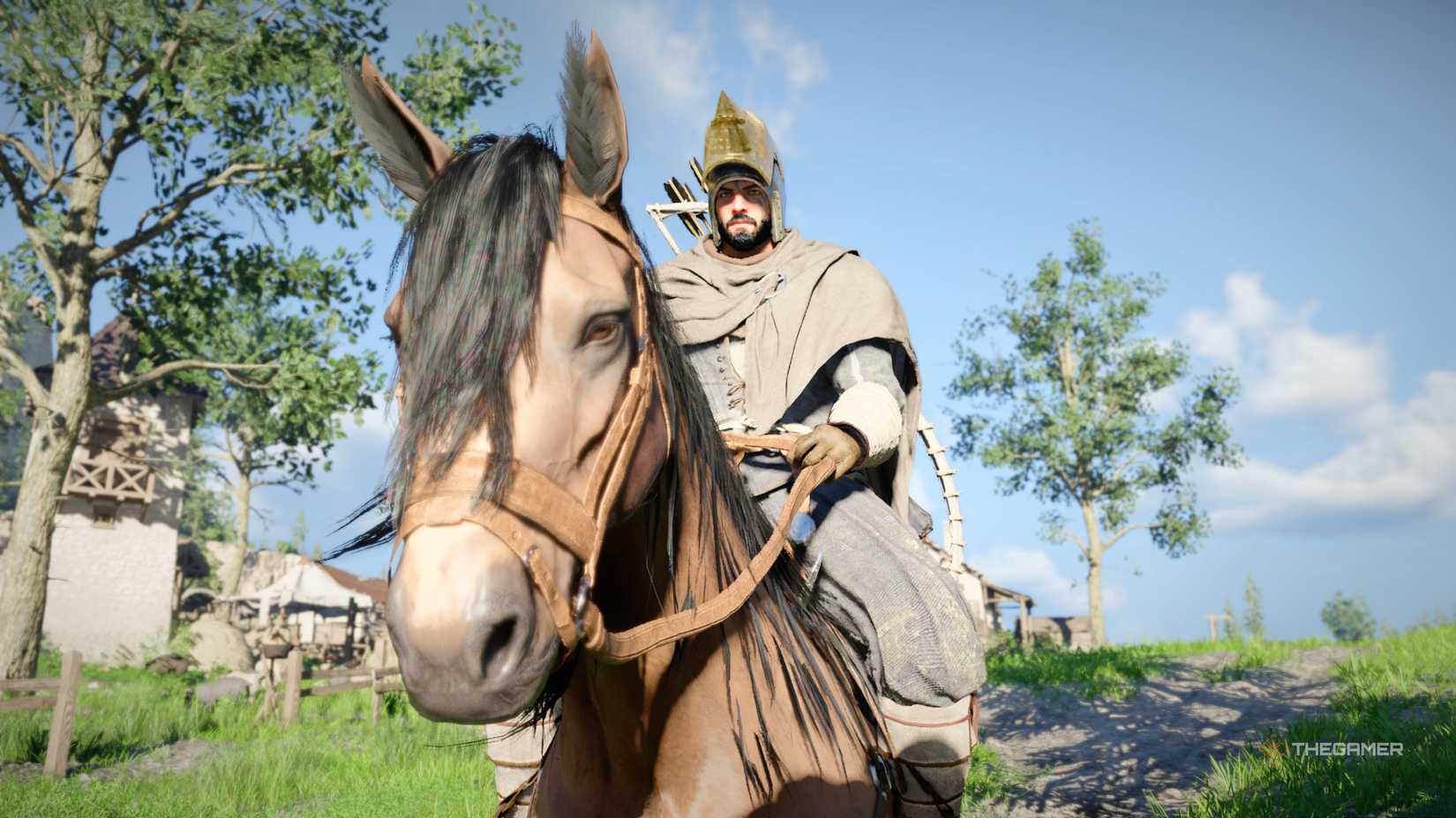 Cliff riding a horse across the Crimson Desert.