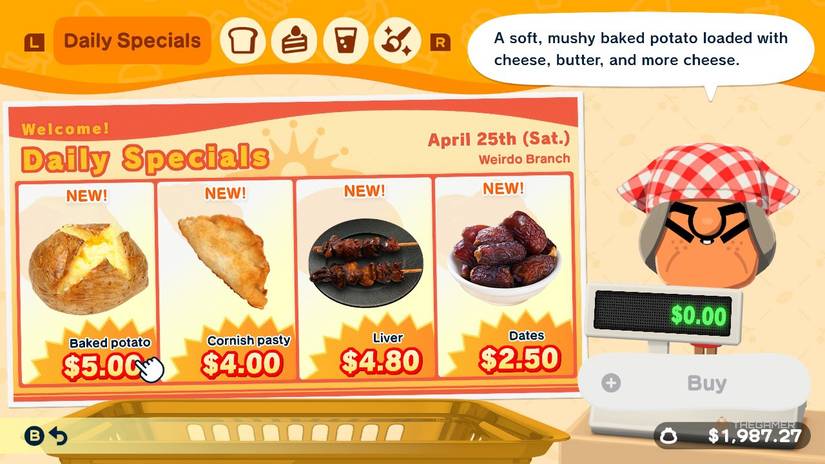 Daily Specials at Fresh Kingdom with a list of food in Tomodachi Life Living the Dream.