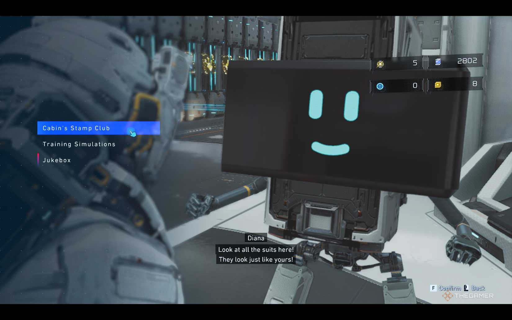 Diana talks about costumes while Hugh talks to Cabin about the bingo cards in Cabin's Stamp Club in Pragmata.