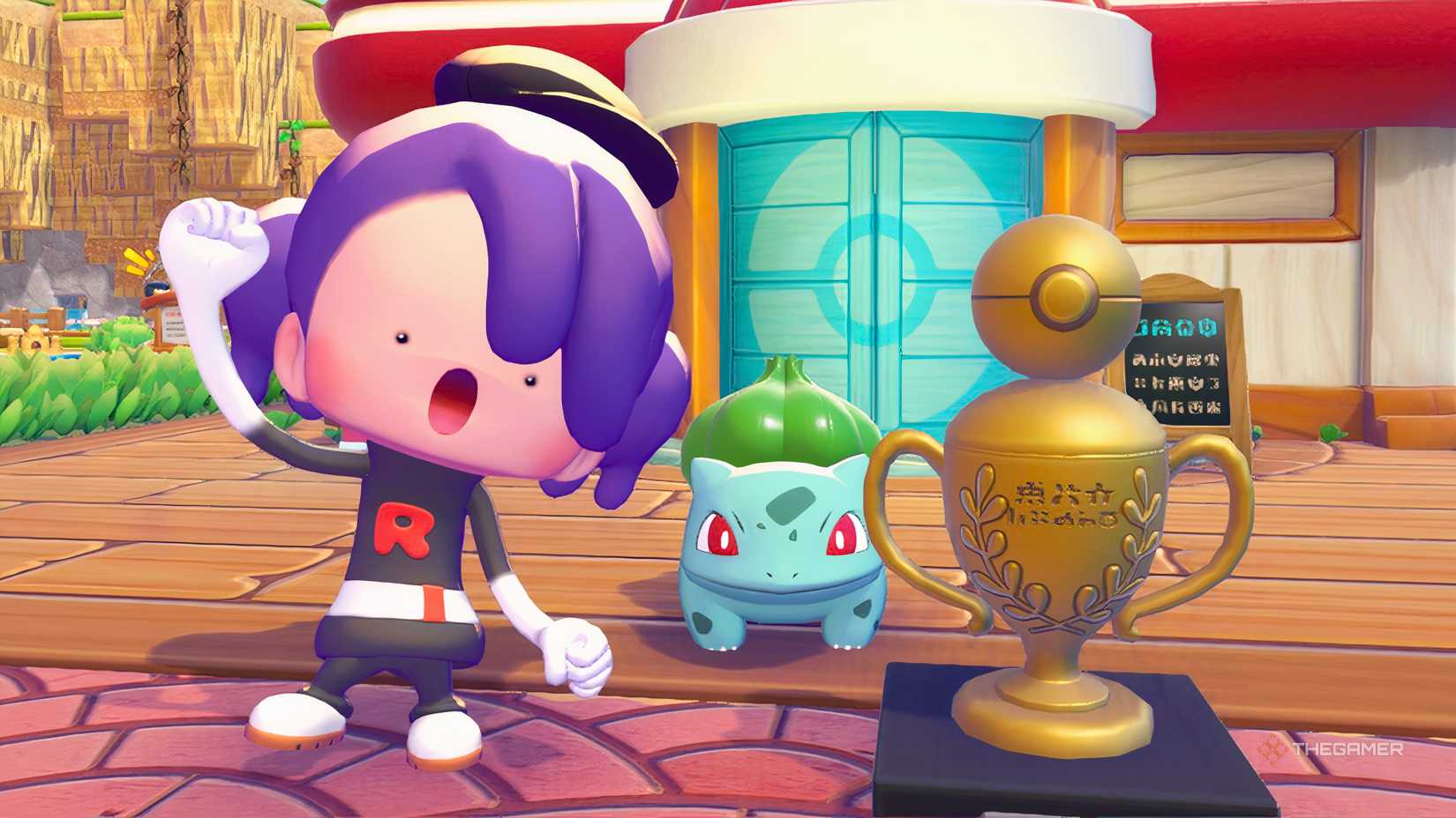 Ditto celebrates next to Bulbasaur and a trophy in Pokemon Pokopia.
