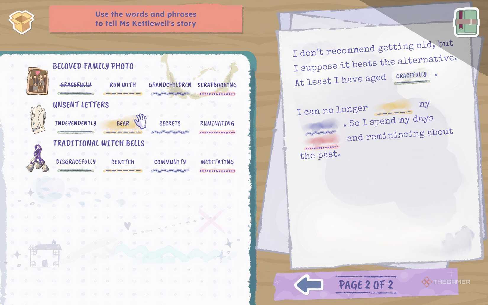 Player building Tabitha's memoir mad-libs style in A Storied Life Tabitha.