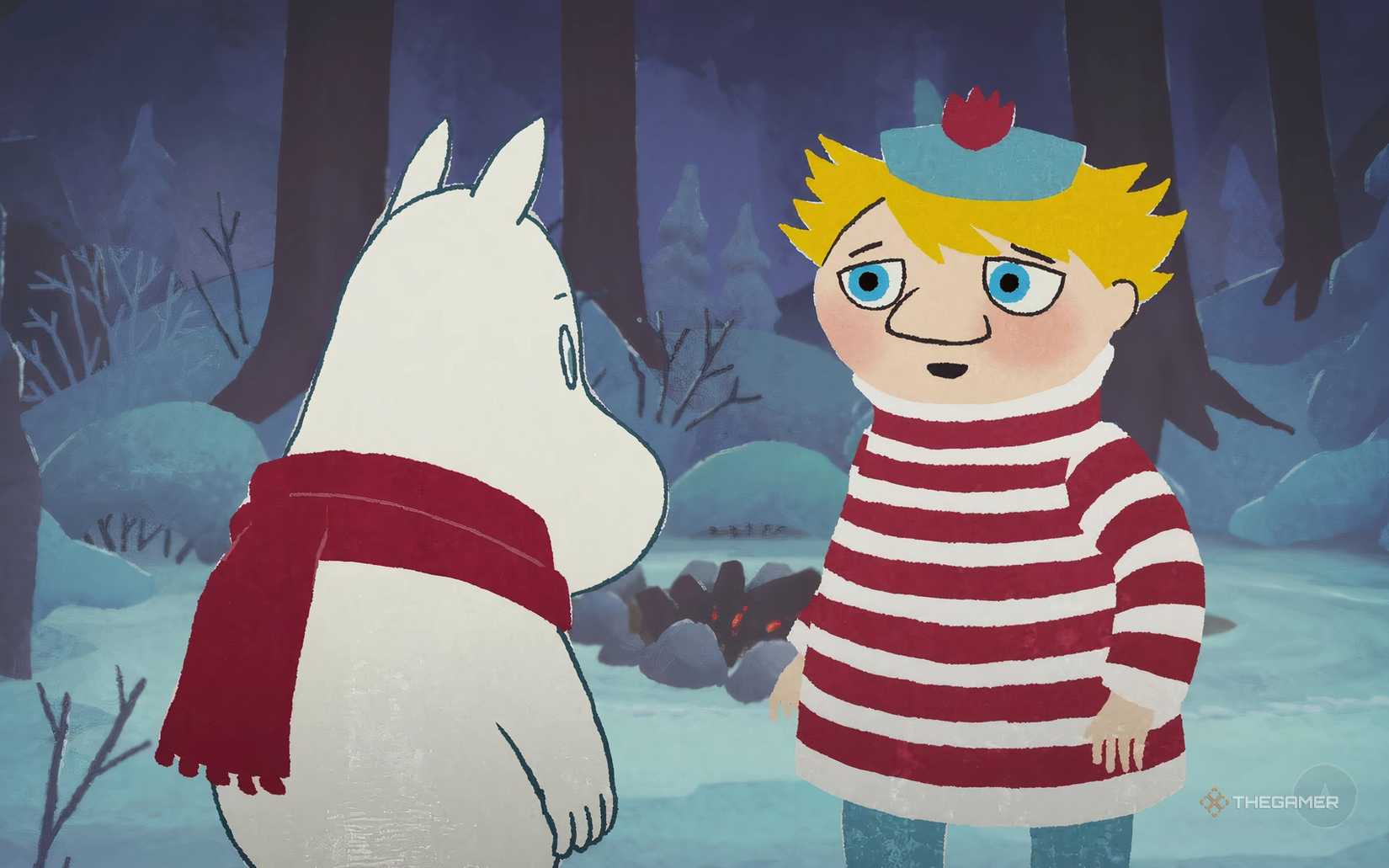 Moomintroll and Too-Ticky in Moomintroll's winter warmth.