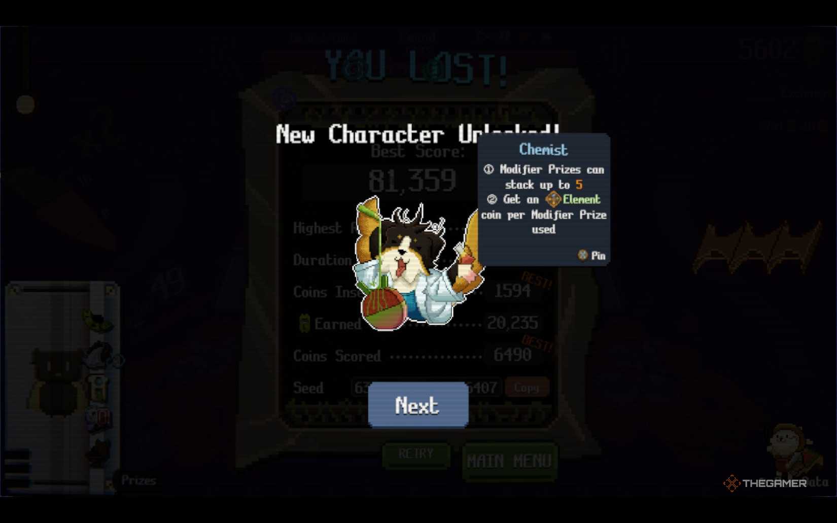 Character unlock screen for the Chemist in Raccoin.