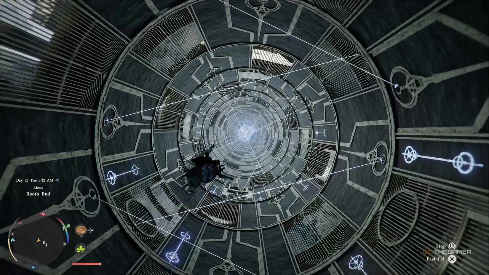 Falling into the laser tunnel in the Root's End Abyss puzzle mission in the Crimson Desert.