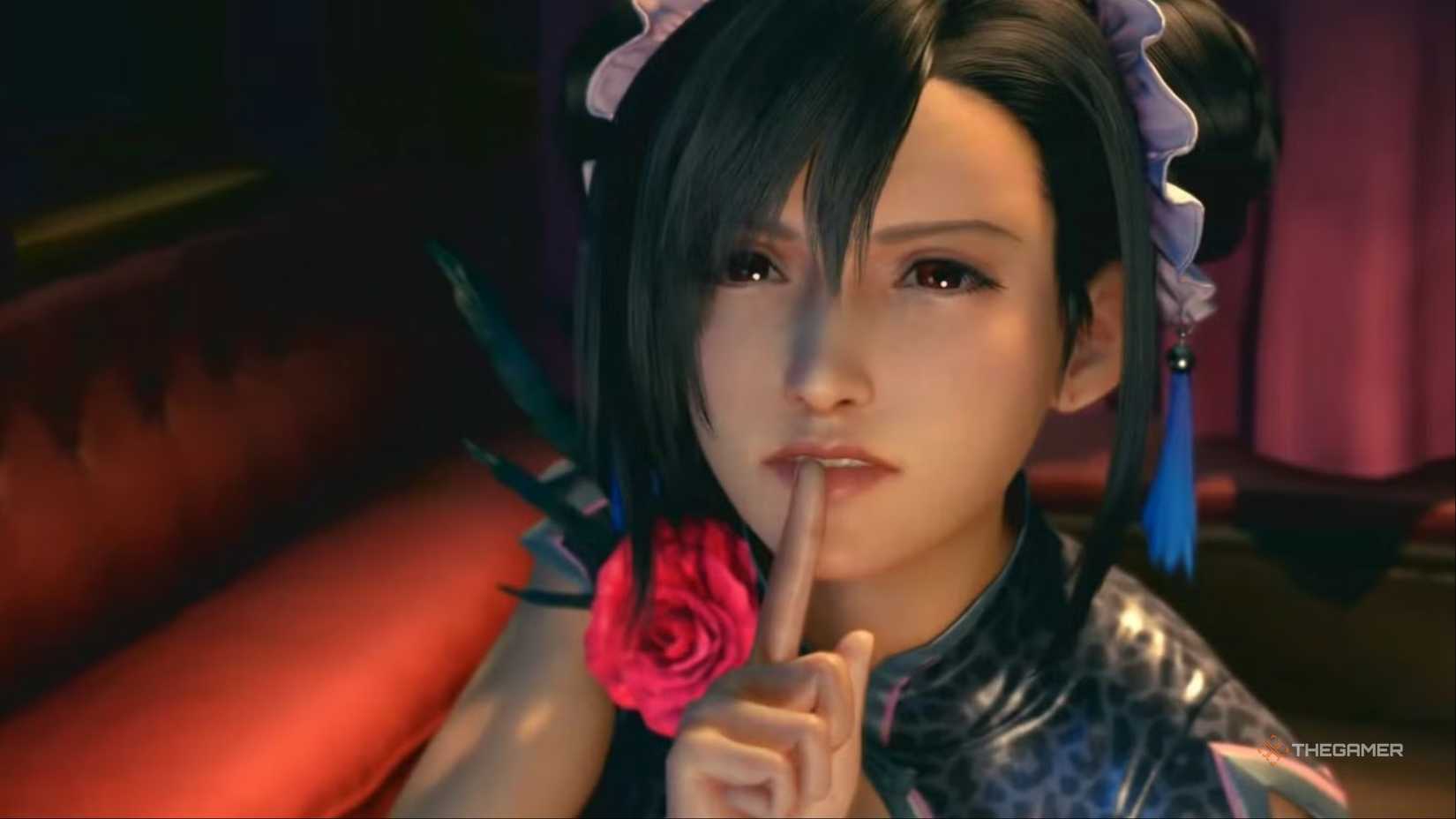 Tifa wearing her sporty dress and holding her finger to her lips in Final Fantasy 7 Remake.