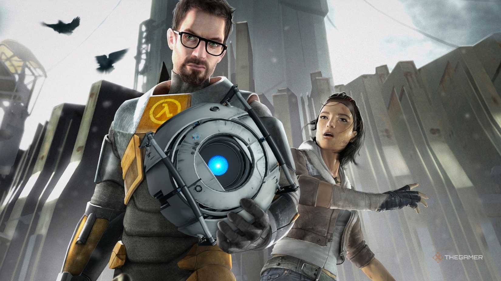 Gordon Freeman from Half-Life 2 holding Wheatley from Portal 2.