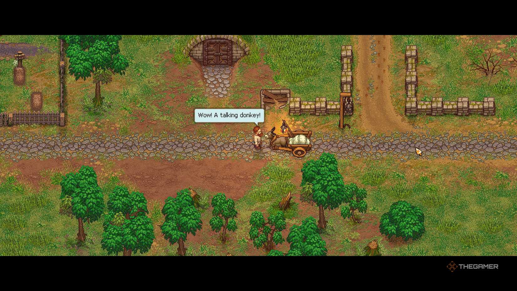 Graveyard Keeper Meeting the donkey on the road.