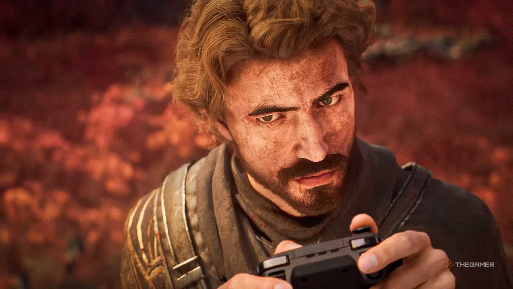 Gustave in Clair Obscur: Expedition 33 holds a game controller.