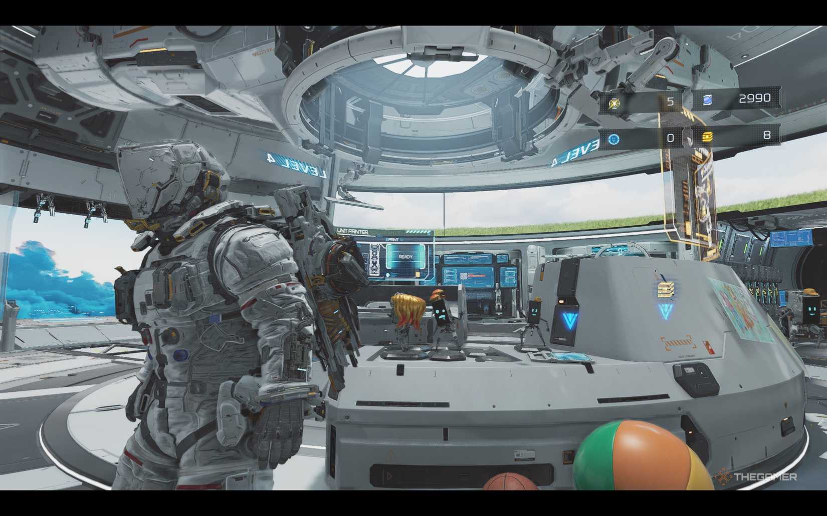 Hugh with several mini cabin figures in Pragmata.