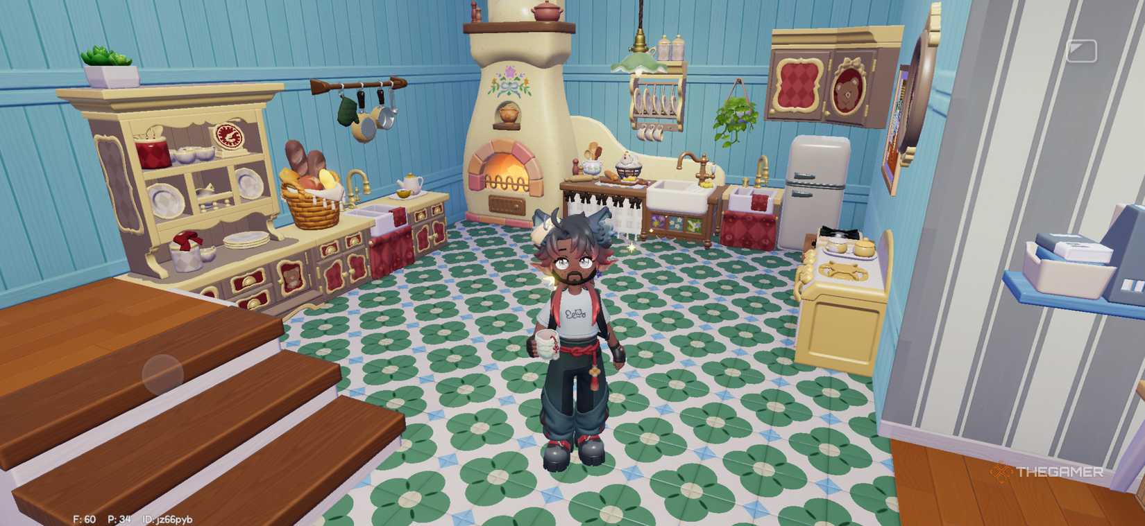 A player stands in front of a colorful kitchen in Hartopia.