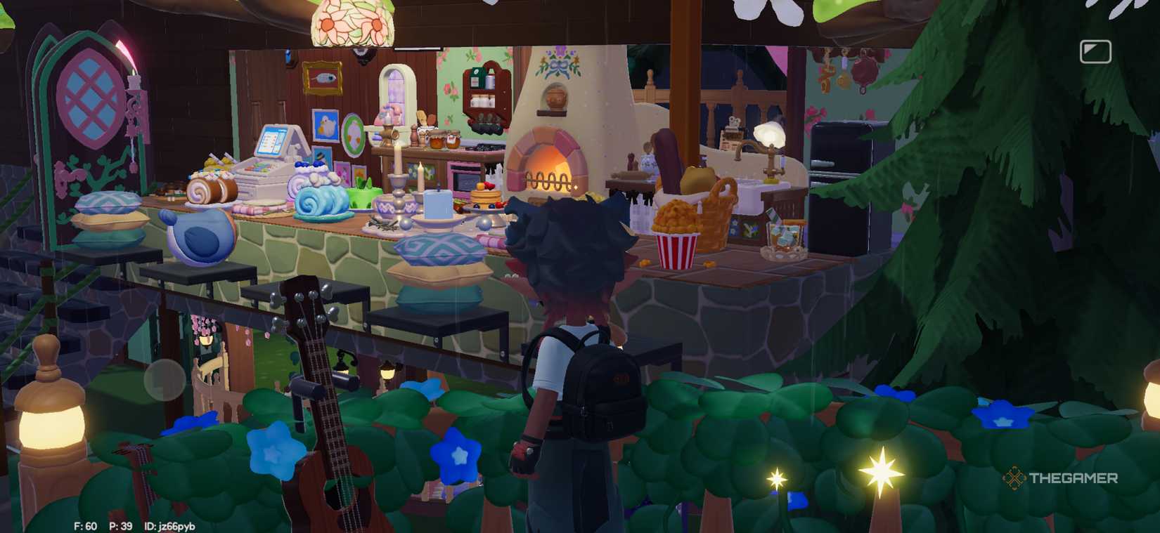 A player stands in front of a restaurant bar-style kitchen in Hearttopia.