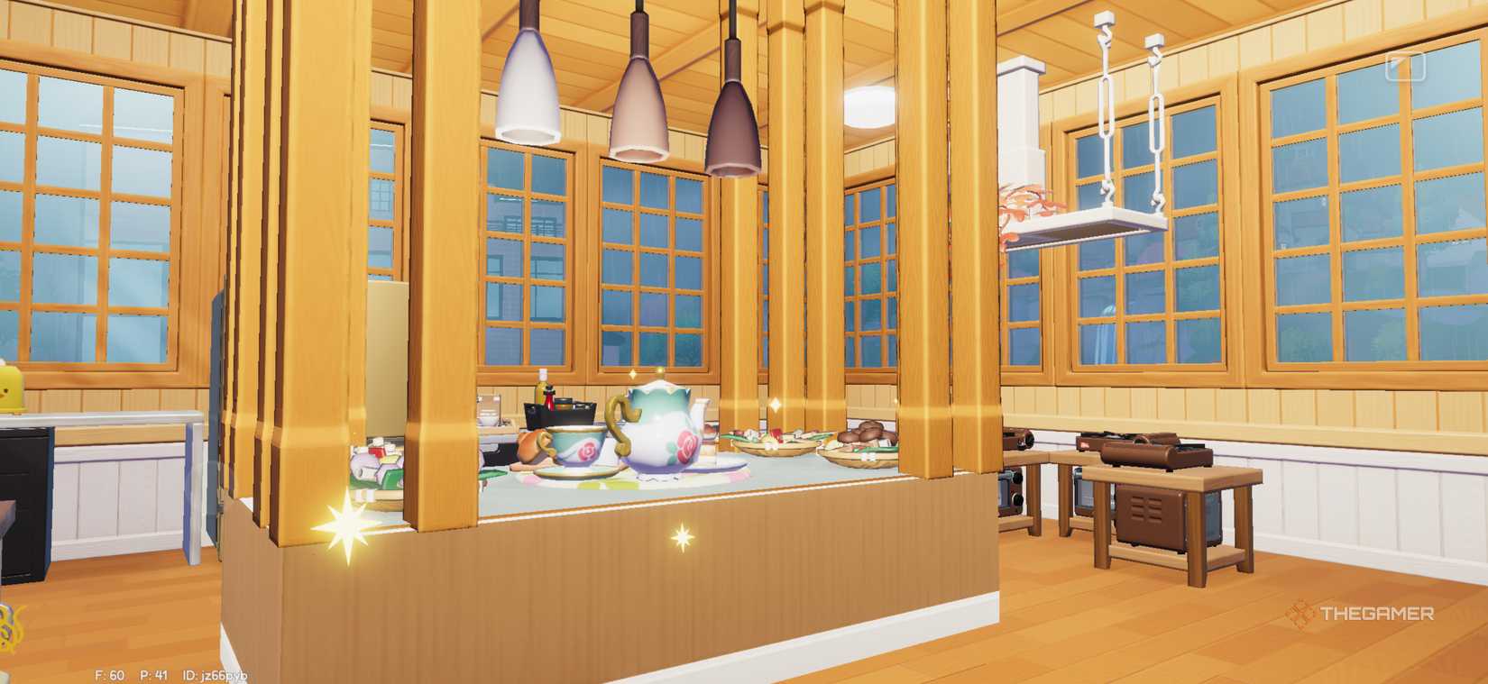 A player in Hartopia stands in front of a brown oriental-style kitchen.