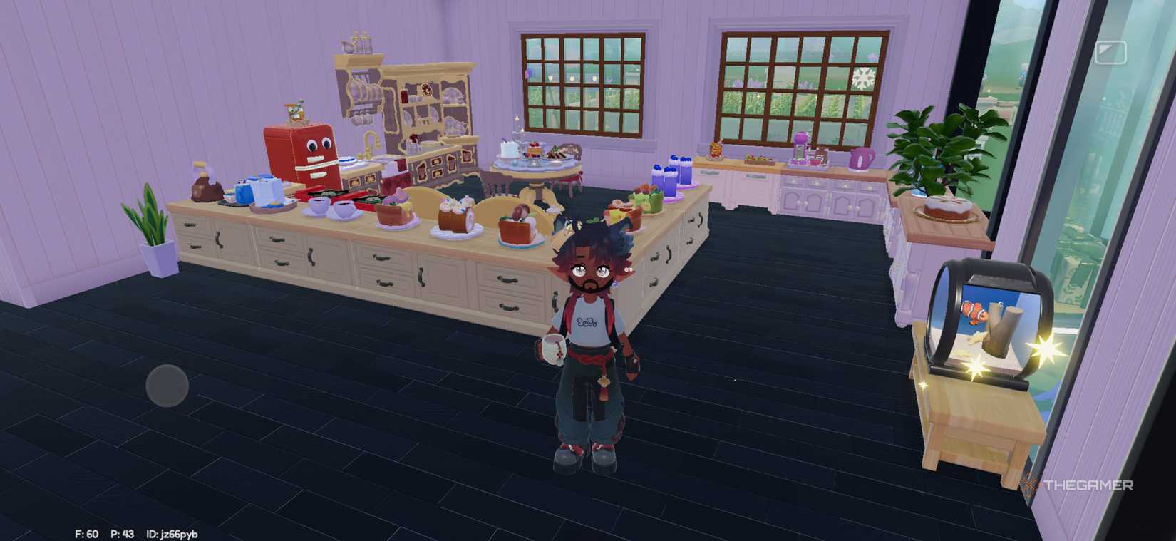A player is standing in front of a corner kitchen in Hartopia.