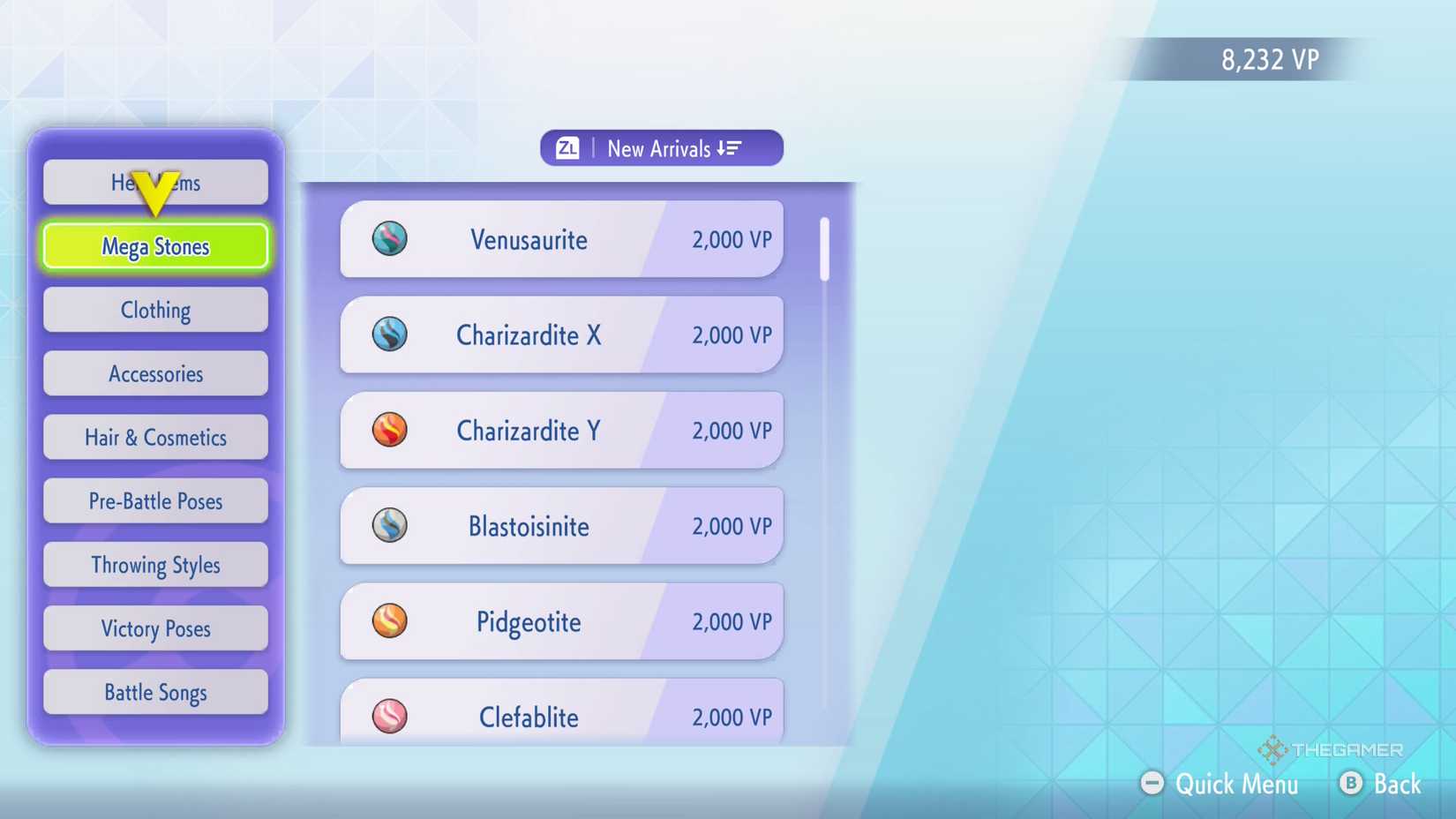 Pokemon Champions Mega Stone Shop Menu.