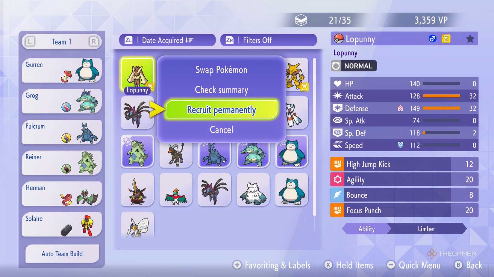 The box screen for Pokemon Champions shows the ability to recruit.