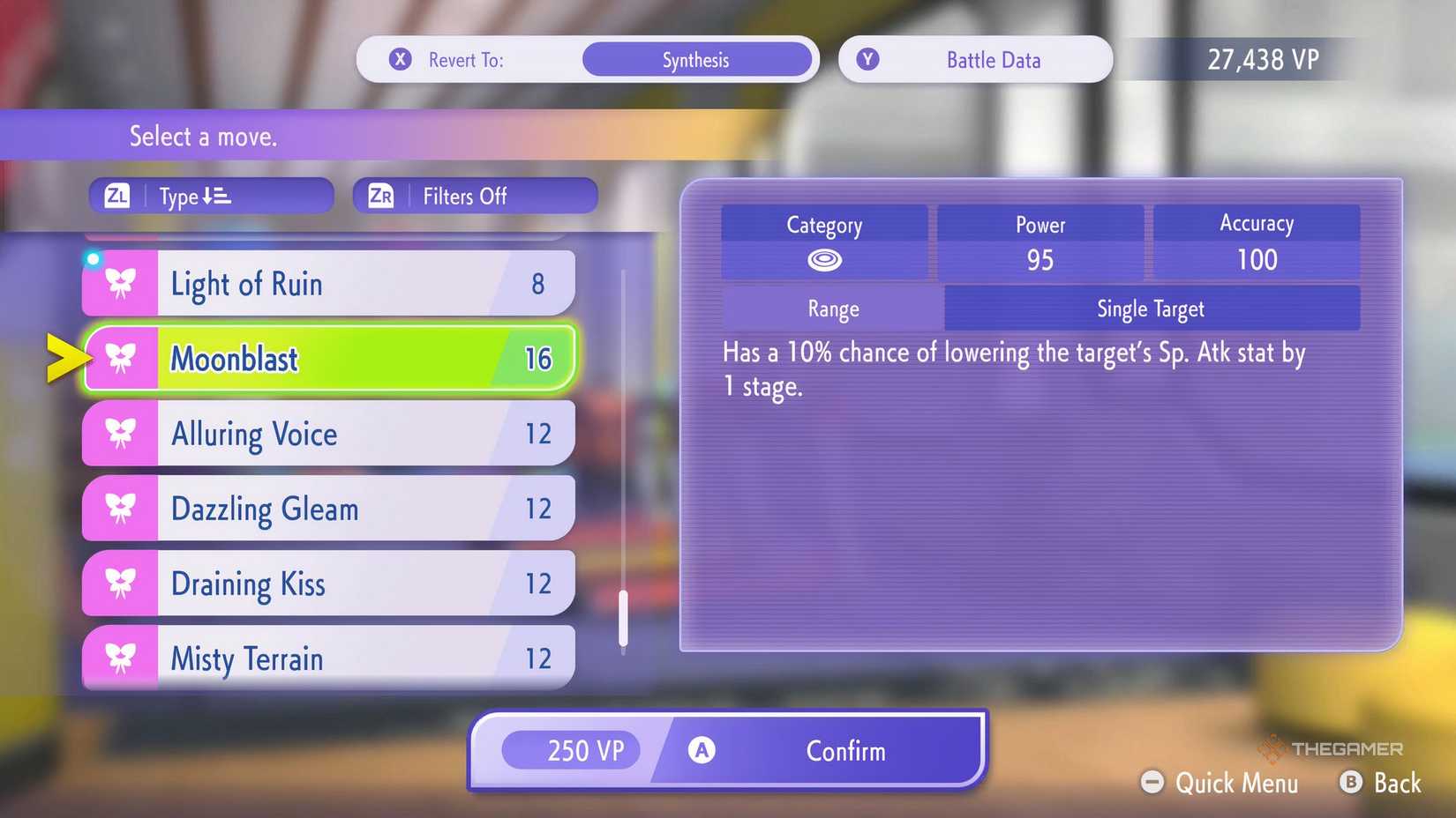 A screen showing the changes to Moonblast in Pokemon Champions.