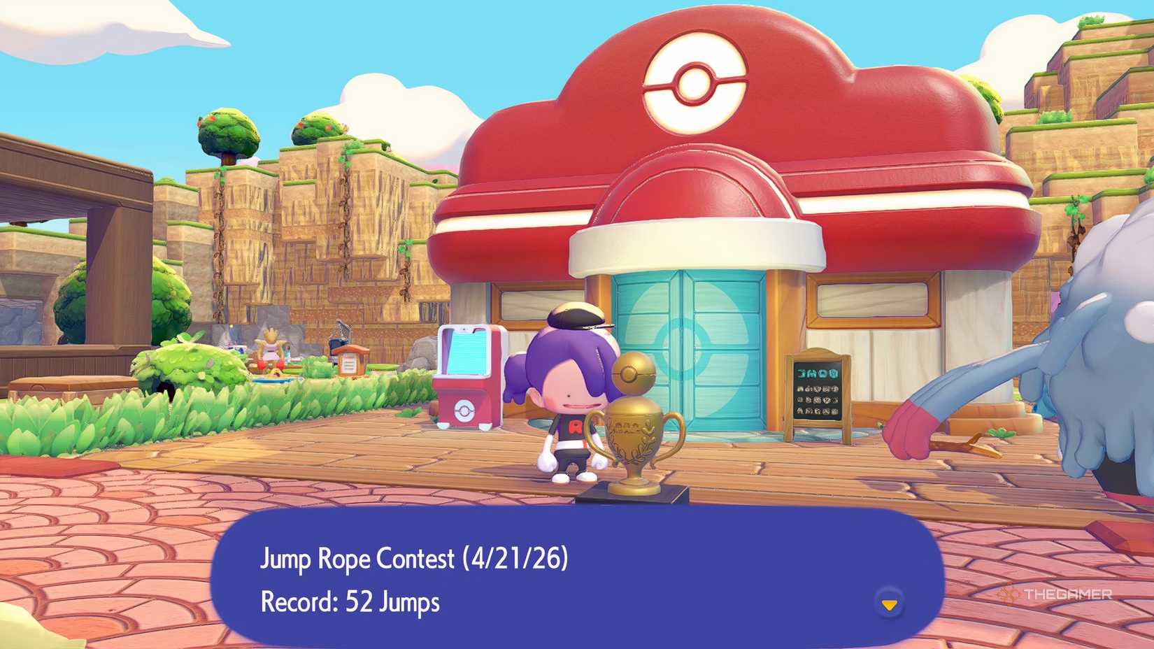Players view their Jump Rope Contest Trophy in Pokemon Pokopia.