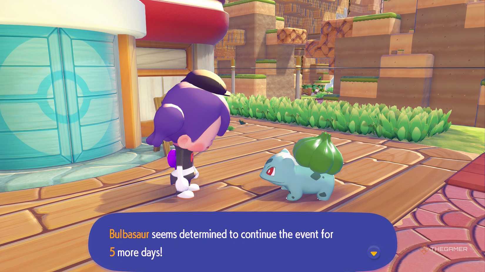 Bulbasaur tells Ditto how many days are left until the jump rope event in Pokemon Pokopia.