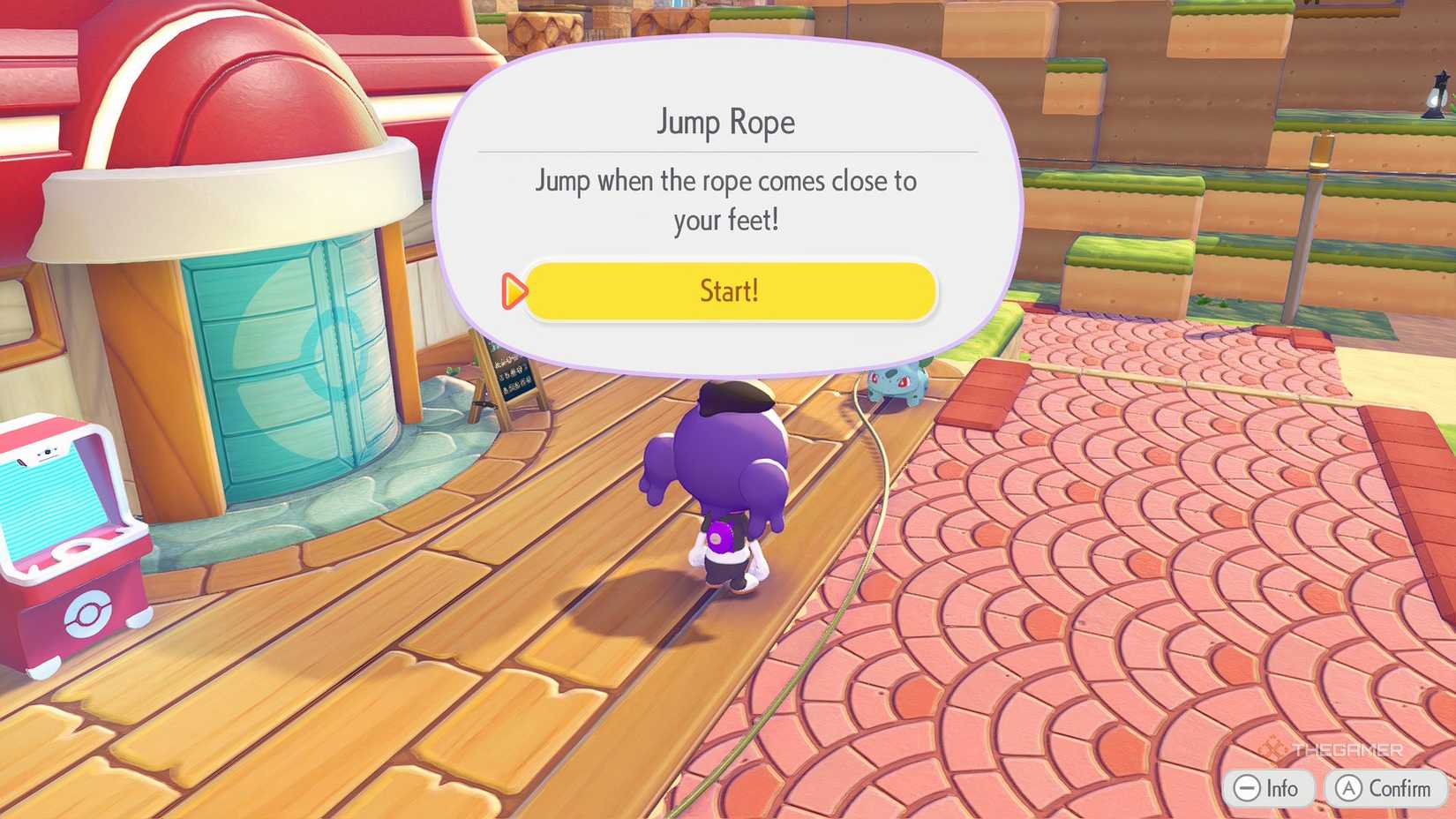 Ditto gets ready to jump rope in Pokemon Pokopia.