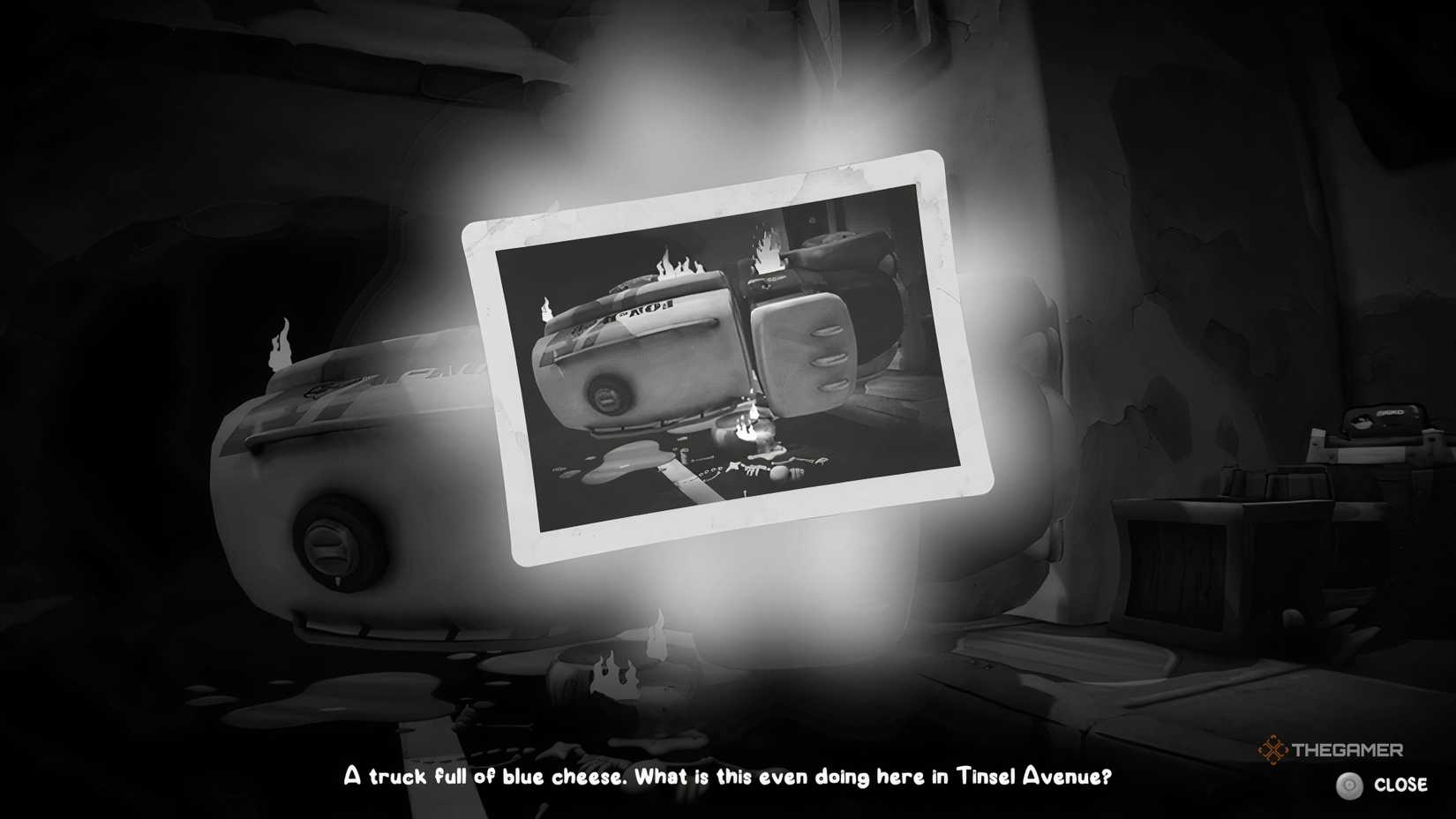 A photo of a truck tipped over in Mouse: PI For Hire.
