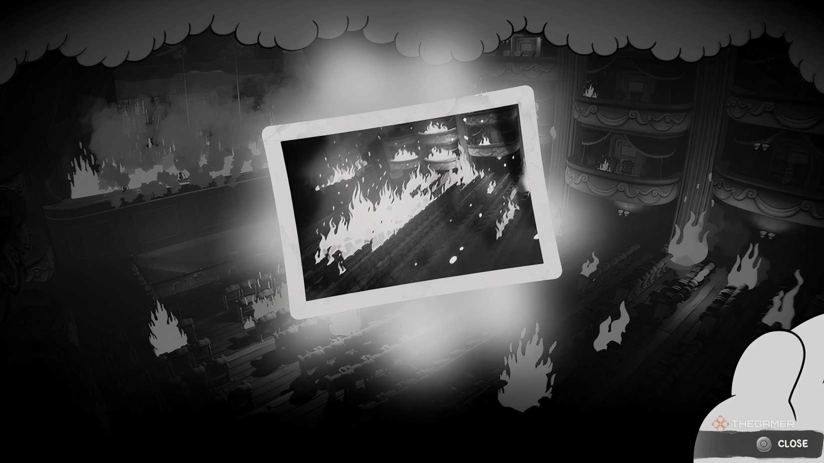 A photo of a burning opera house in Mouse: PI For Hire.