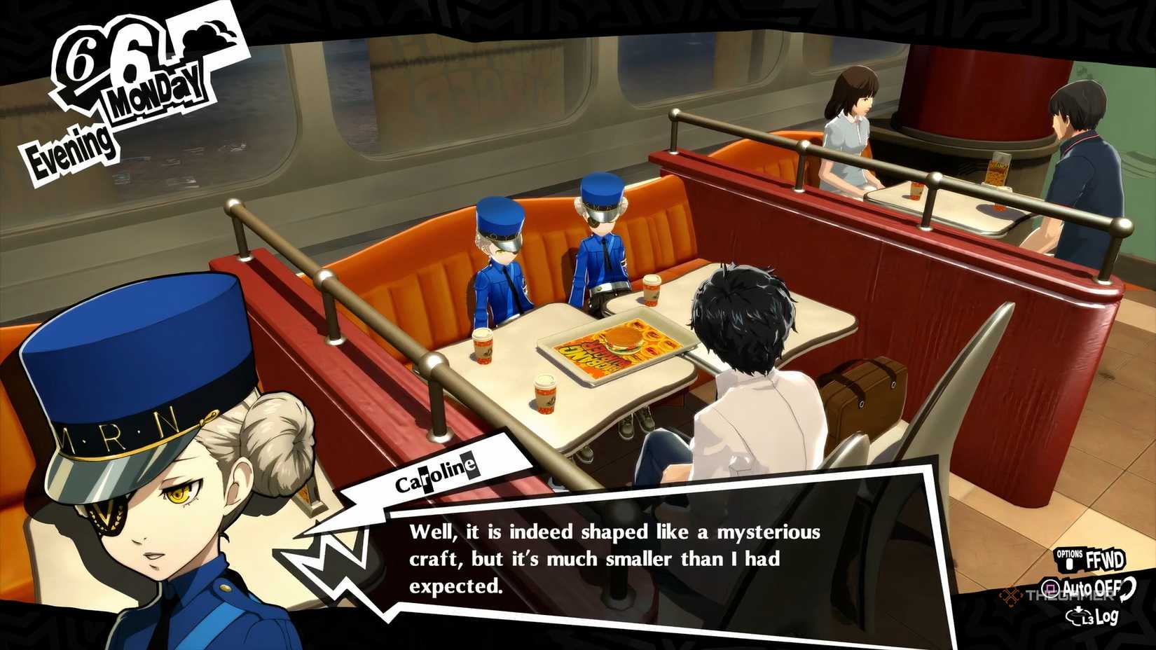 Joker, Caroline and Justine on their first outing in Persona 5 Royal at Big Bang Burger.