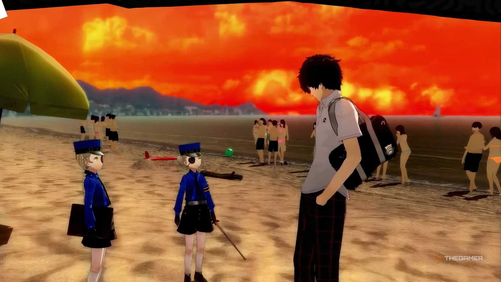 Joker with Caroline and Justine on a trip to the beach in Persona 5 Royal.