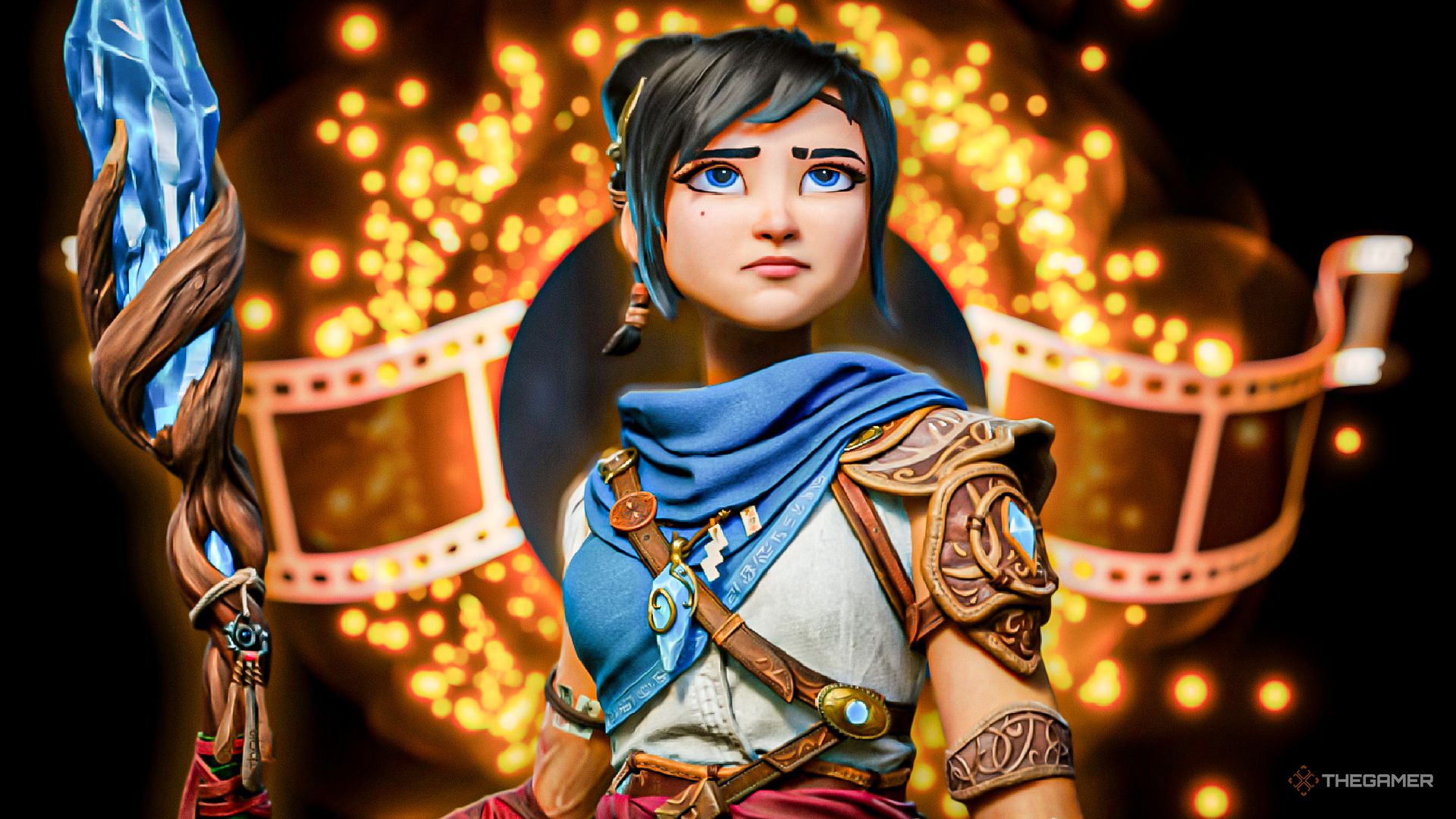 Kena against a film reel and bursting yellow sparks.