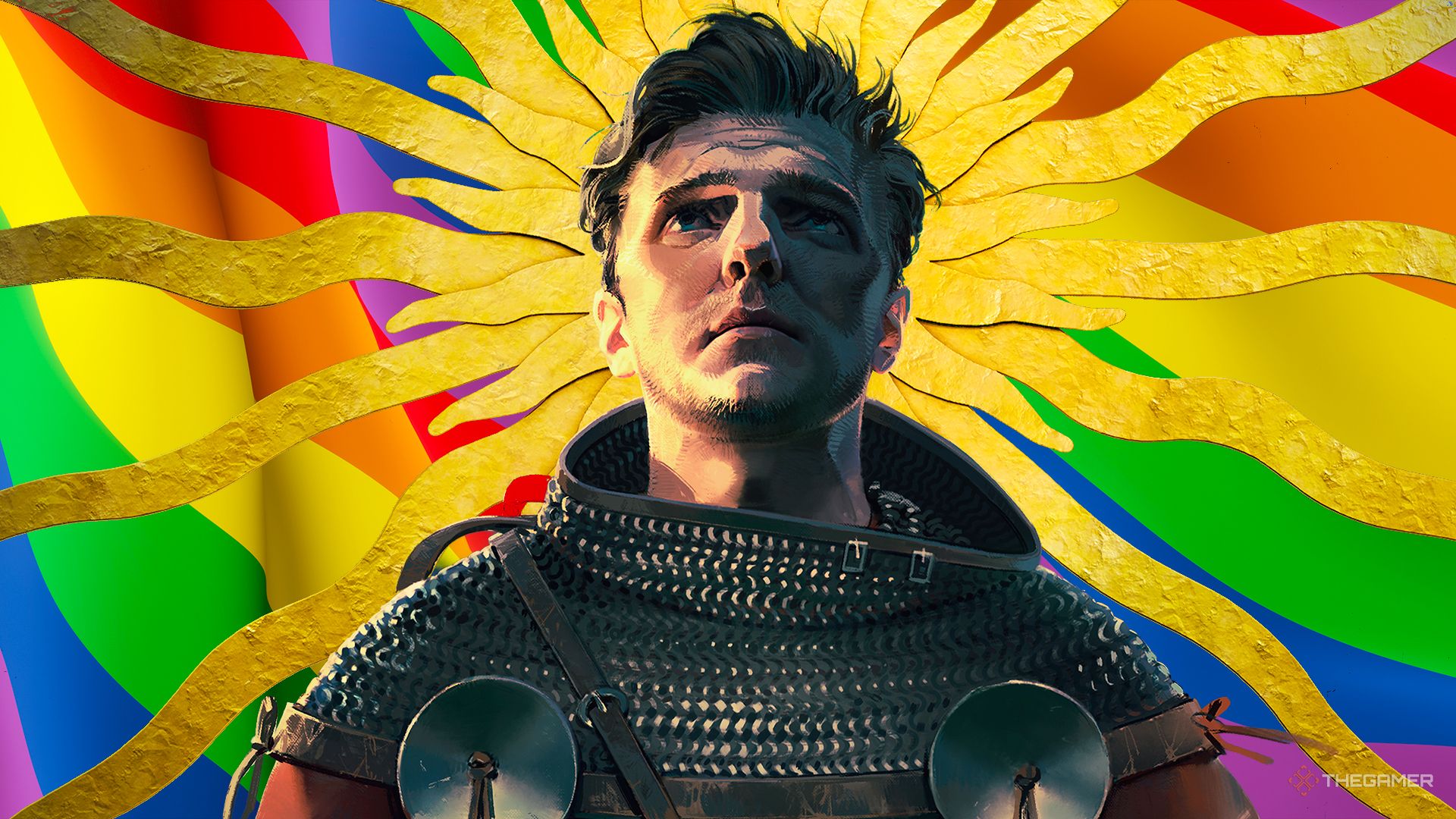 Kingdom Come Deliverance 2 Hans in front of the LGBTQ flag.