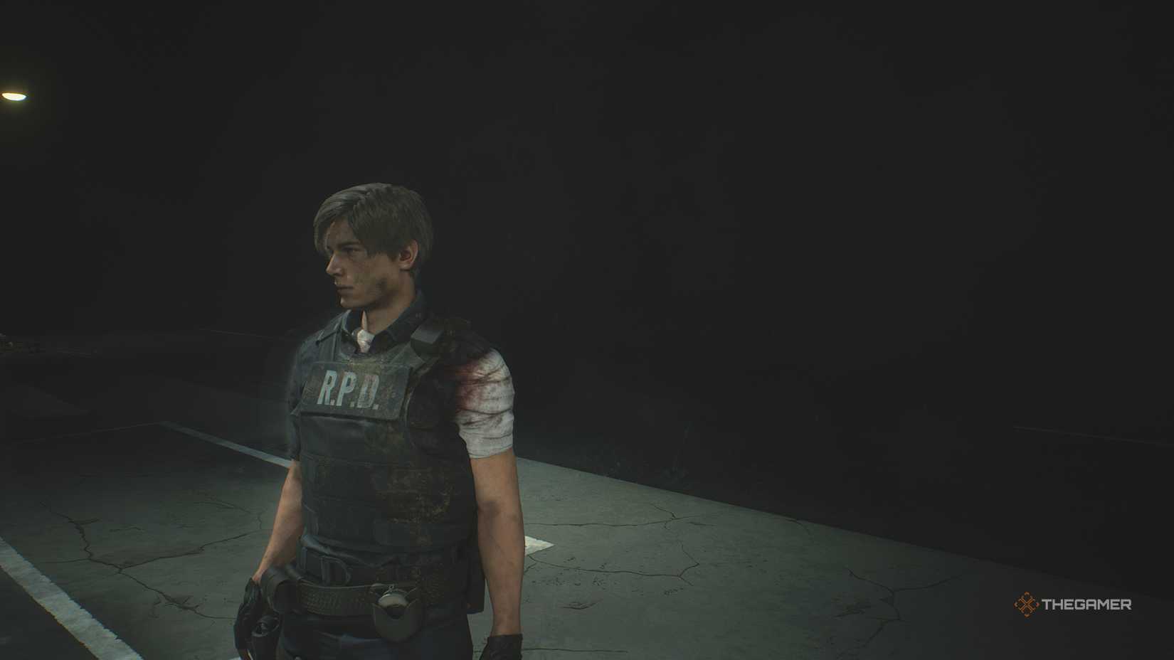 Leon in his wounded police outfit in Resident Evil 2.