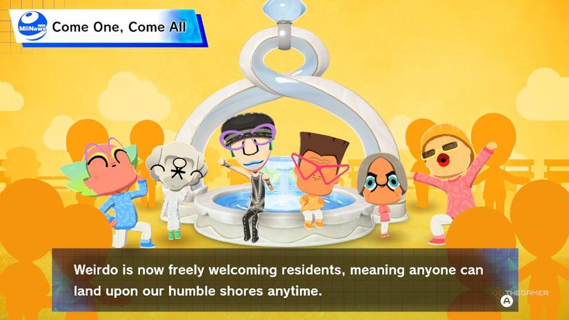 Miis around the fountain when the island opens in Tomodachi Life Living the Dream.