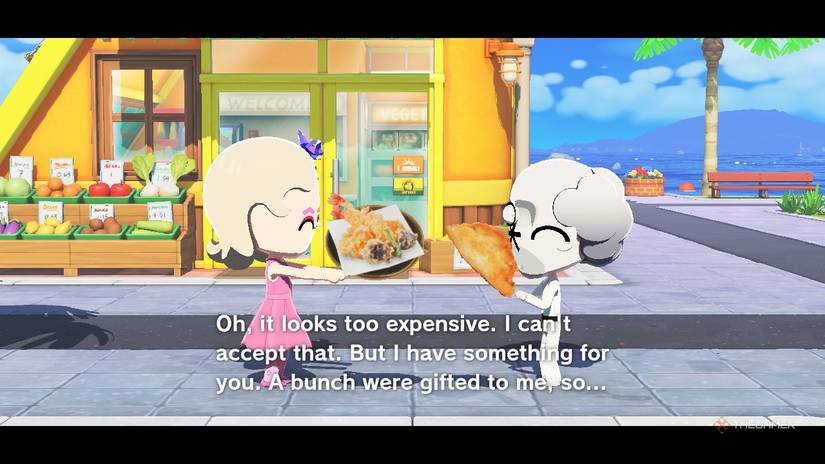 Miis trading food in Tomodachi Life Living the Dream.
