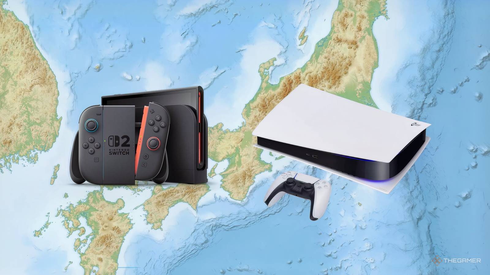 Switch 2 and PS5 on Japan map background.