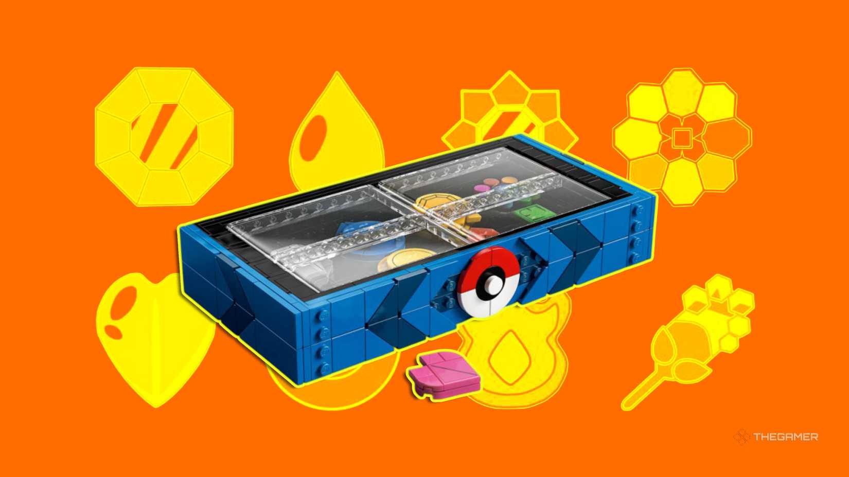 lego pokemon kanto badges collection on an orange and yellow badges background.