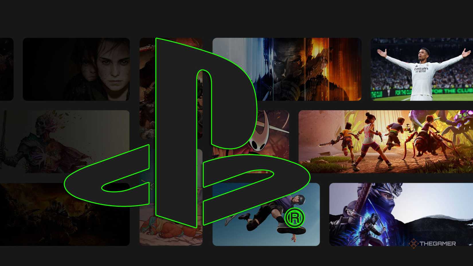 playstation logo with a green outline on tiled game pass games.