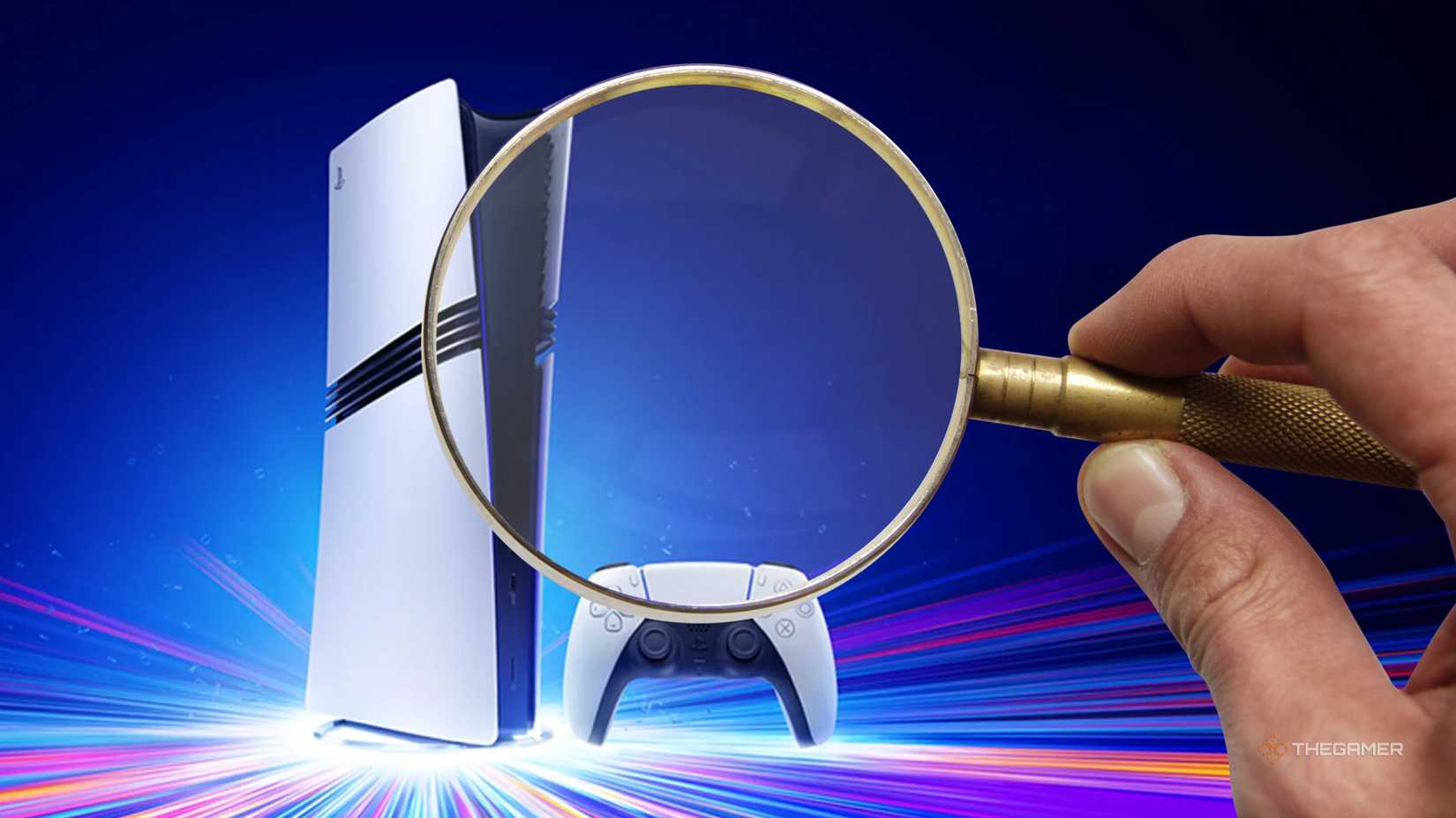 A person holding a magnifying glass on ps5 pro.