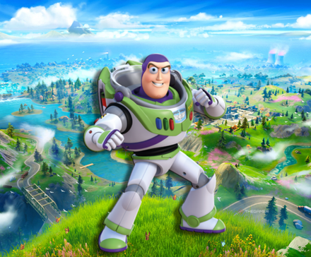 Buzz Lightyear standing in front of Fortnite's chapter two map.