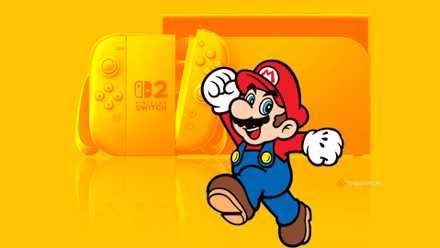 Mario jumps in front of a golden Switch 2.