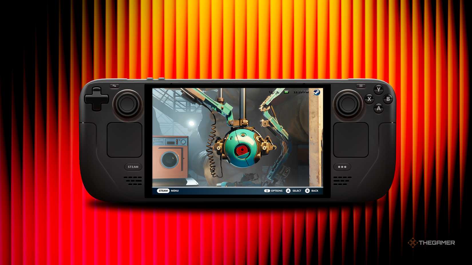 Steam Deck over an orange and black background.